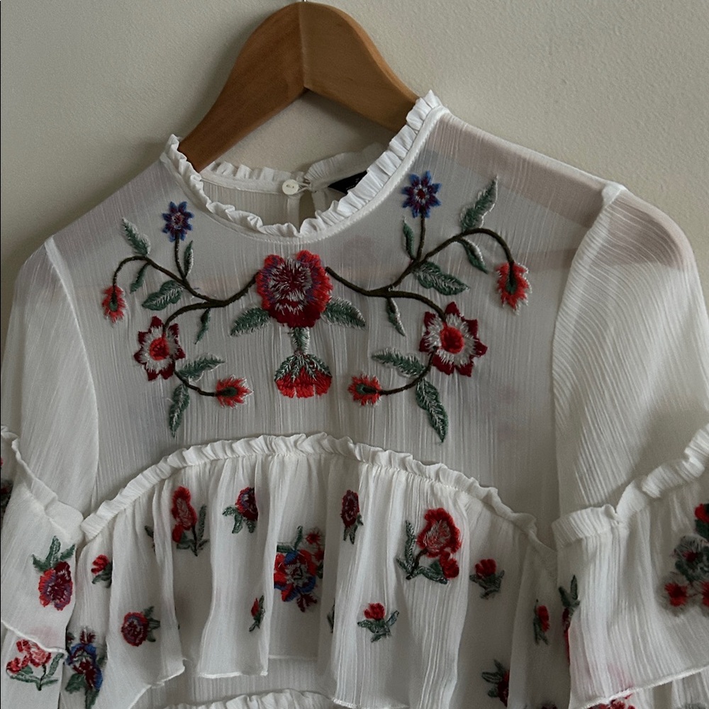 Zara Ivory Floral Whimsy Boho Embroidered Chiffon Tiered Lined Mini Dress Med - Picture 6 of 16